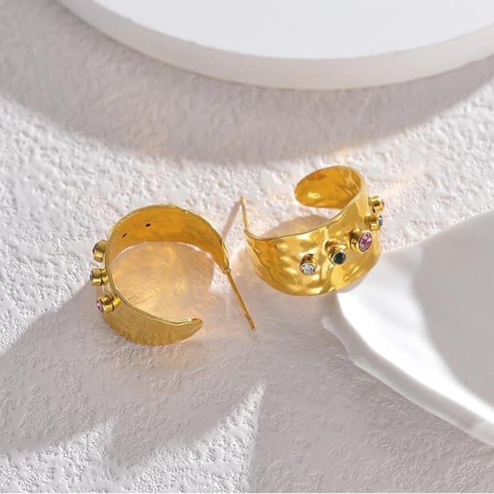 New FP 18KGP Hammered CZ Hoop Earrings - Picture 8 of 11